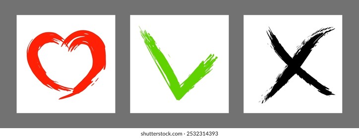 La cruz, el corazón y el símbolo OK están dibujados a mano con un pincel. Prohibición, negación, error. Amor. Aprobación, consentimiento. Vector, conjunto de 3 caracteres