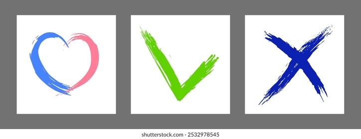 La cruz, el corazón y el símbolo OK están dibujados a mano con un pincel. Prohibición, negación, error. Amor. Aprobación, consentimiento. Vector, conjunto de 3 caracteres