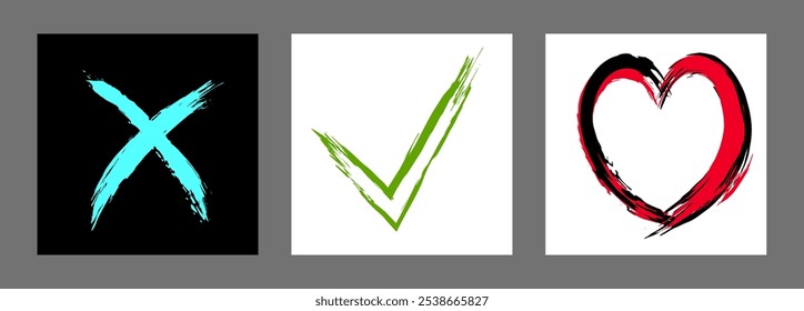 La cruz, el corazón y el símbolo OK están dibujados a mano con un pincel. Prohibición, negación, error. Amor. Aprobación, consentimiento. Vector, conjunto de 3 caracteres