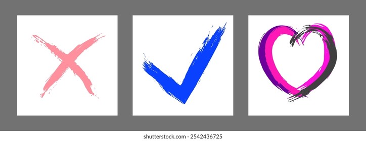 La cruz, el corazón y el símbolo OK están dibujados a mano con un pincel. Prohibición, negación, error. Amor. Aprobación, consentimiento. Vector, conjunto de 3 caracteres