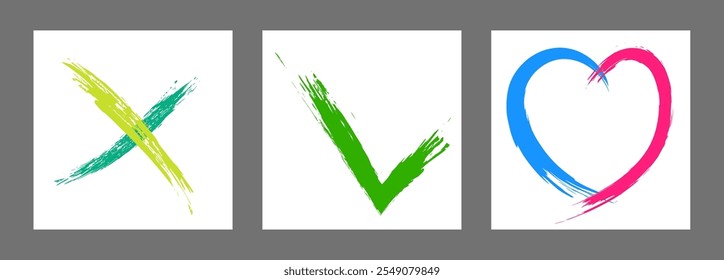 La cruz, el corazón y el símbolo OK están dibujados a mano con un pincel. Prohibición, negación, error. Amor. Aprobación, consentimiento. Vector, conjunto de 3 caracteres