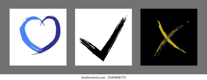 La cruz, el corazón y el símbolo OK están dibujados a mano con un pincel. Prohibición, negación, error. Amor. Aprobación, consentimiento. Vector, conjunto de 3 caracteres