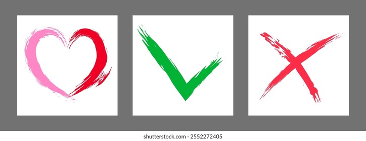 La cruz, el corazón y el símbolo OK están dibujados a mano con un pincel. Prohibición, negación, error. Amor. Aprobación, consentimiento. Vector, conjunto de 3 caracteres