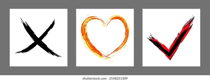 The cross, heart and OK symbol are hand-drawn with a brush. Prohibition, denial, error. Love. Approval, consent. Vector, set of 3 characters