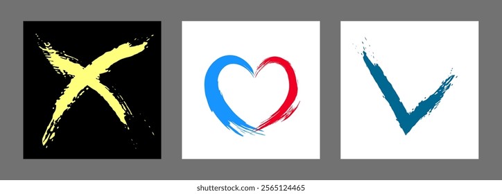 The cross, heart and OK symbol are hand-drawn with a brush. Prohibition, denial, error. Love. Approval, consent. Vector, set of 3 characters