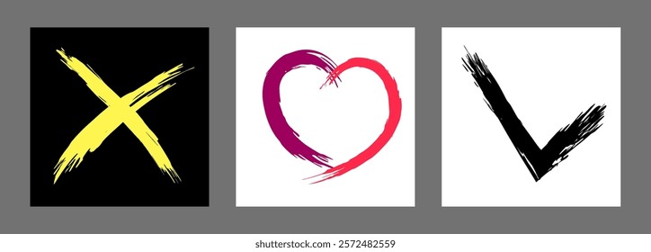 The cross, heart and OK symbol are hand-drawn with a brush. Prohibition, denial, error. Love. Approval, consent. Vector, set of 3 characters