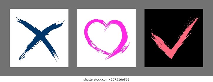 The cross, heart and OK symbol are hand-drawn with a brush. Prohibition, denial, error. Love. Approval, consent. Vector, set of 3 characters