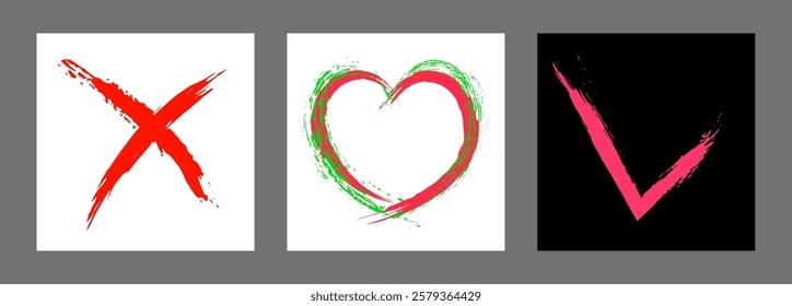 The cross, heart and OK symbol are hand-drawn with a brush. Prohibition, denial, error. Love. Approval, consent. Vector, set of 3 characters