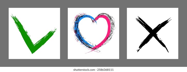 The cross, heart and OK symbol are hand-drawn with a brush. Prohibition, denial, error. Love. Approval, consent. Vector, set of 3 characters
