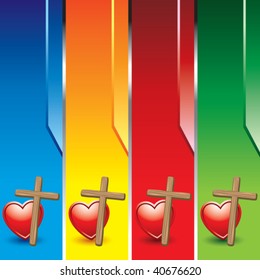 cross and heart on vertical colored banners