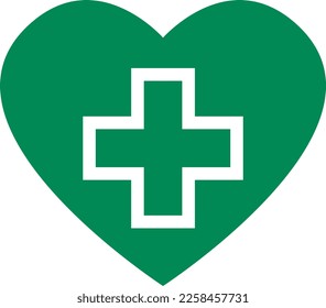 Cross in Heart Symbol First Aid Healthcare Green Sign Icon. Vector Image.