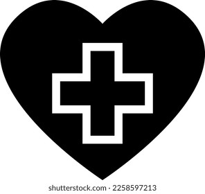 Símbolo cruzado en el corazón de primeros auxilios Asistencia sanitaria Icono de signo negro. Imagen vectorial.