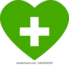 Cross in Heart Symbol First Aid Healthcare Green Sign Icon. Vector Image.