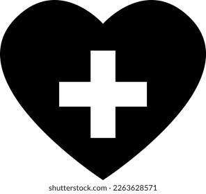 Símbolo cruzado en el corazón de primeros auxilios Asistencia sanitaria Icono de signo negro. Imagen vectorial.