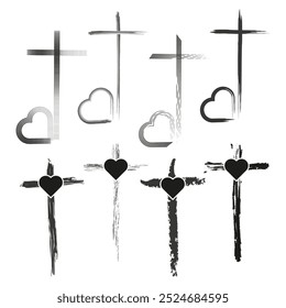 Cross and heart symbols. Religious faith and love theme. Rough brush stroke design. Vector illustration.