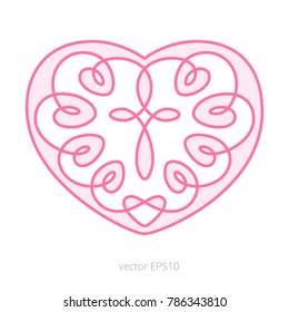 Cross in the heart. Symmetrical ornament in the form of a braided heart with a stylized Christian cross in the middle. Pink symbol of an immaculate love. Vector template for the Valentine paper cut.