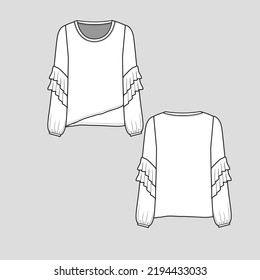 cross hem Ruffles top Crew Neck long Sleeve ruffles gathering hem  fashion design cad drawing flat sketch vector
