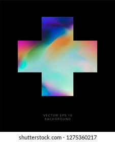 Cross with holographic foil/ paper texture on dark background. Fancy Vaporwave/ retrowave style cover, 80s-90s trendy background.