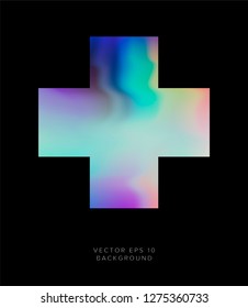 Cross with holographic foil/ paper texture on dark background. Fancy Vaporwave/ retrowave style cover, 80s-90s trendy background.