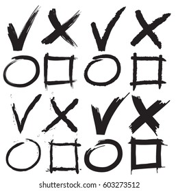 Cross and hook collection. Check marks. Icons set, back on white background. Vector illustration.