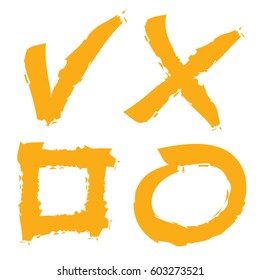 Cross and hook collection. Check marks. Icons set, yellow on white background. Vector illustration.
