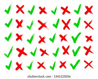 Cross and hook collection, icons set, green and red isolated on white background, vector illustration.