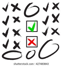 Cross and hook collection, icons set, black, red and green isolated on white background, vector illustration.