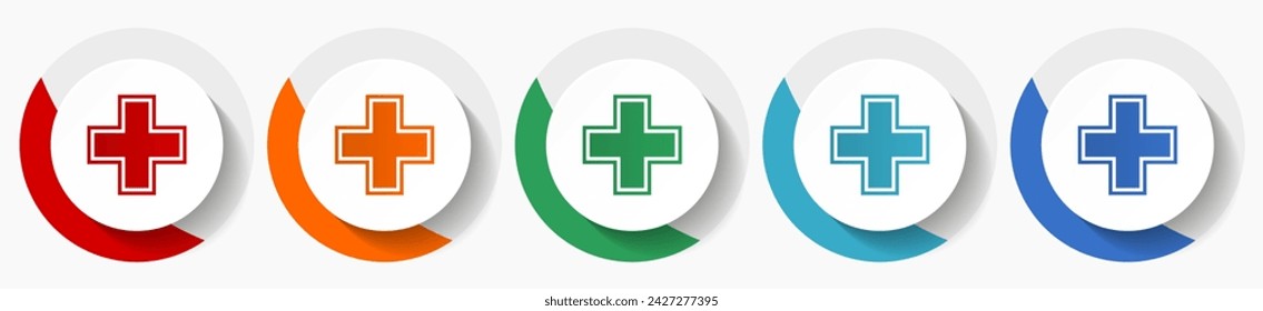 Kreuz, Krankenhaus, Apotheke Vektor-Icon-Set, flache Icons für Logo-Design, Webdesign und mobile Anwendungen, bunte runde Tasten