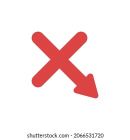 Cross icon with arrow down flat vector design, cancel symbol. Vector illustration