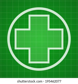 cross icon in circle on green medical background with line pattern(vector) 