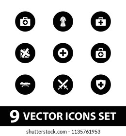 Cross icon. collection of 9 cross filled icons such as first aid kit, medical sign, nurse gown, hospital stretch, first aid, plus. editable cross icons for web and mobile.