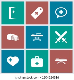 Cross icon. collection of 9 cross filled icons such as first aid kit, hospital stretch, aid post, sword. editable cross icons for web and mobile.