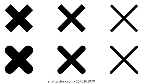 Cross icon collection. Set of black cross X mark vector icons. Silhouette wrong mark sign. Cross sign symbol. cross x for check box. False icon. Reject and cancel vector illustration.