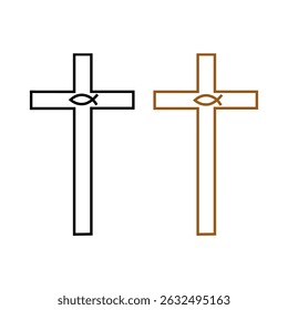 Cross icon. Fish symbol design. Black brown shades. Vector faith sign.