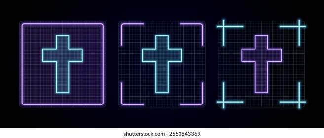 Cross icon illustration, cyber neon visual, glowing border grid vector.