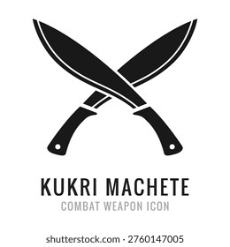Cross icon of kukri machete knife isolated on white background. Abstract simple vector emblem of crossed knives, military symbol of fighting, bush-crafting, cooking etc. 