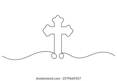 Cross icon line continuous editable drawing. One line christianity, Christian cross vector illustration. Continuous line hand drawn art, Christianity symbol.