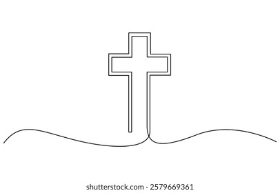 Cross icon line continuous editable drawing. One line christianity, Christian cross vector illustration. Continuous line hand drawn art, Christianity symbol.