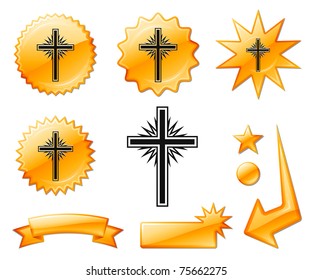 Cross Icon on Orange Burst Banners and Medals Original Vector Illustration