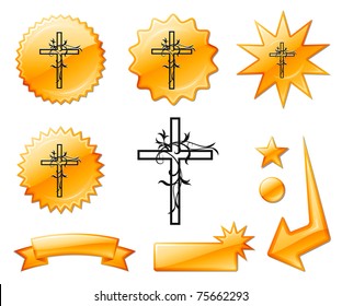 Cross Icon on Orange Burst Banners and Medals Original Vector Illustration