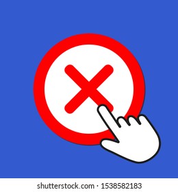 Cross icon. Reject, decline concept. Hand Mouse Cursor Clicks the Button. Pointer Push Press