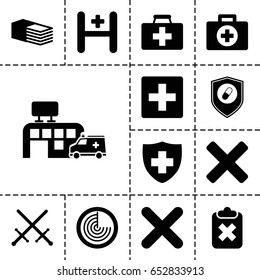 Cross icon. set of 13 filled crossicons such as radar, first aid kit, medical sign, bandage, hospital, health insurance, cross, sword, plus, clipboard with cross