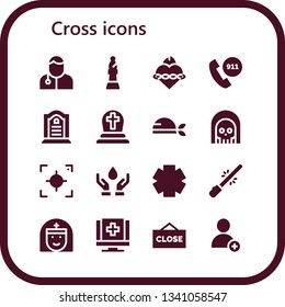 cross icon set. 16 filled cross icons.  Collection Of - Veterinarian, Bishop, Sacred heart, Emergency call, Tombstone, Cemetery, Pirate, Death, Focus, Blood donation, Clinic, Saber
