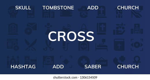 cross icon set. 32 filled cross icons. on blue background style Collection Of - Skull, Tombstone, Add, Church, Hashtag, Saber, Hospital, Poison, Sabers, Pirate, Gauze, Motorbike
