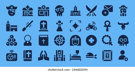 cross icon set. 32 filled cross icons. on blue background style Collection Of - Pirate, Church, Round shot, Radar, Pharmacy, Saber, Priest, Bible, Gravestone, Pray, Skull, Poison