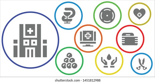 cross icon set. 9 filled cross icons.  Collection Of - Hospital, Pharmacy, Focus, Round shot, Blood donation, Medical, Gauze, Sabers