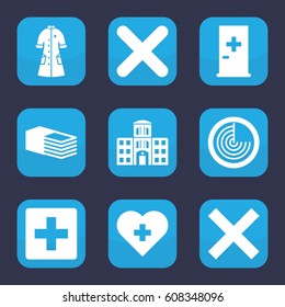 Cross icon. set of 9 filled cross icons such as radar, aid post, bandage, nurse gown, hospital building, cancel, plus