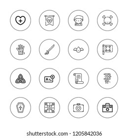 Cross icon set. collection of 16 outline cross icons with blood donation, coffin, denied, first aid, healthcare, injury, jolly roger, pirate, precision, saber, skull icons.