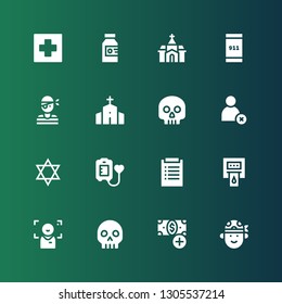 cross icon set. Collection of 16 filled cross icons included Pirate, Add button, Skull, Focus, Blood donation, Diagnosis, Judaism, Cancel, Chapel, Emergency call, Church, Poison