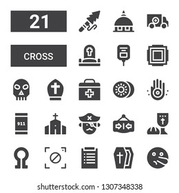 cross icon set. Collection of 21 filled cross icons included Liar, Coffin, Diagnosis, Focus, Death, Last supper, Close, Pirate, Chapel, Emergency call, Jainism, Kiwi, First aid svg